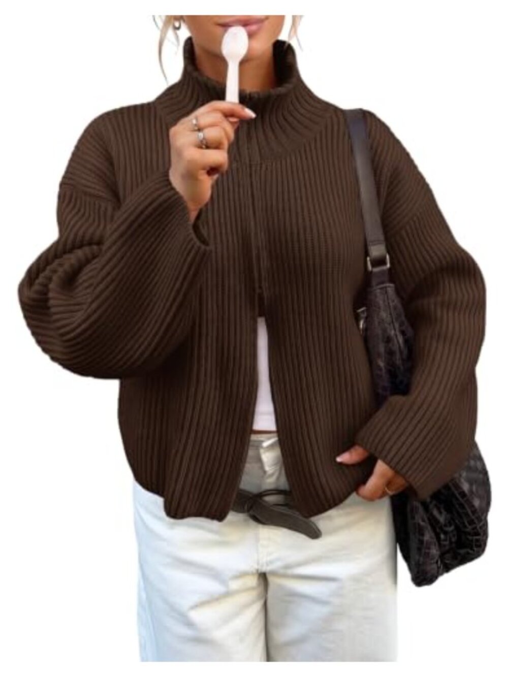 Womens Zip Up Chunky Cardigan Ribbed Knit Mock Neck Sweater Jacket